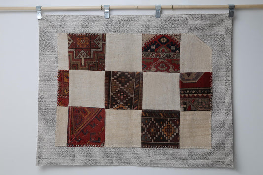 3x4 Vintage Turkish Patchwork Tapestry Rug, Handmade Textile Wall Hanging, Boho Flatweave Decor