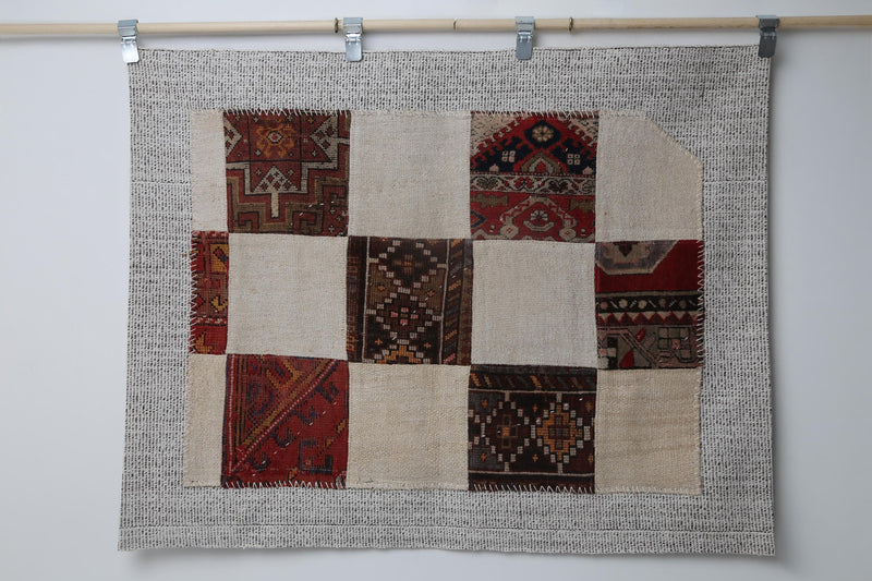 Vintage Turkish Patchwork Tapestry Rug, Red White Checkerboard Wall Hanging (3'4" x 4'3")