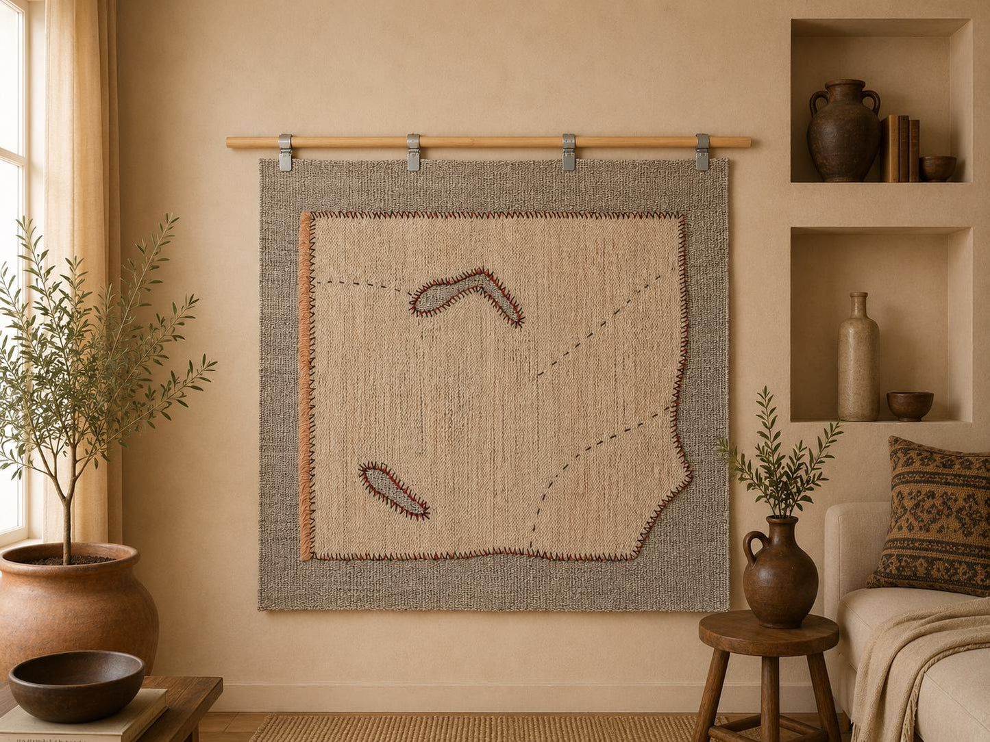 3x4 Vintage Turkish Tapestry Rug, Minimal Beige Wall Hanging, Handmade Flatweave Textile Art