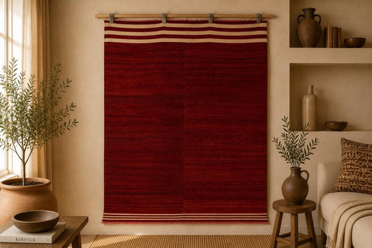 4x7 Vintage Turkish Kilim Rug, Red Striped Flatweave Wool Area Rug, Handmade Minimalist Decor