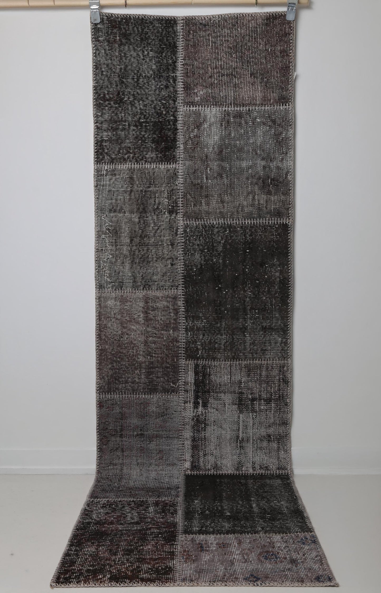 2x8 Vintage Patchwork Runner Rug, Gray Brown Wool Cotton Hallway Runner, Handmade Narrow Turkish Rug
