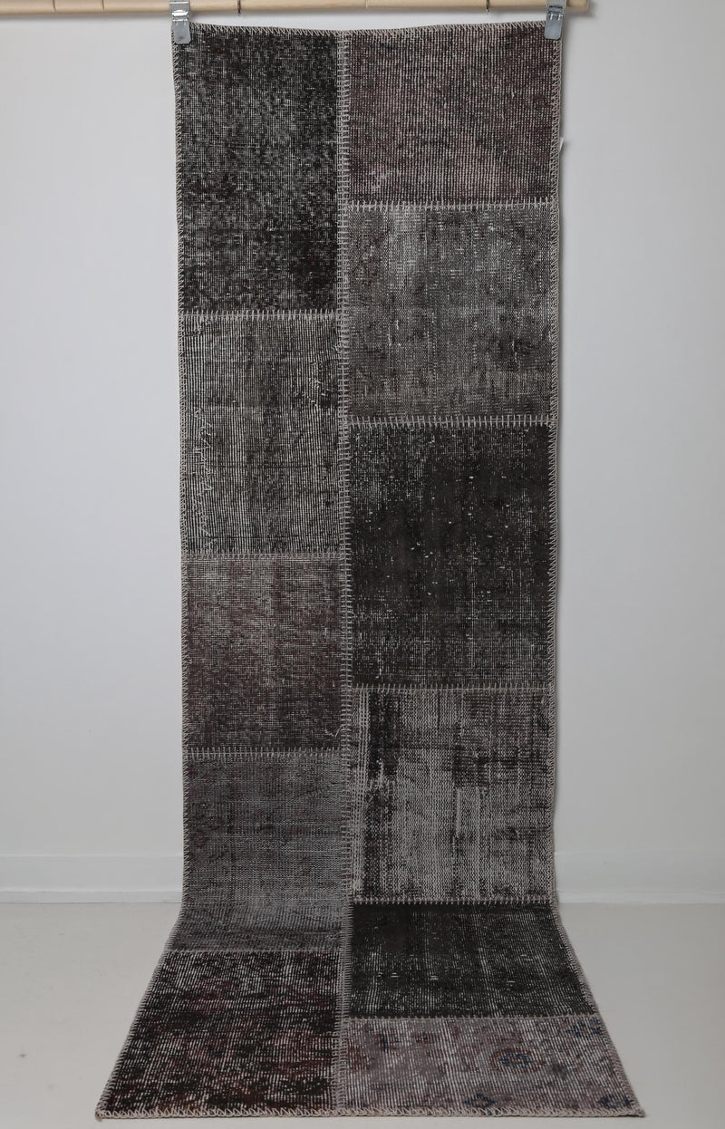 2x8 Vintage Patchwork Runner Rug, Gray Brown Wool Cotton Hallway Runner, Handmade Narrow Turkish Rug