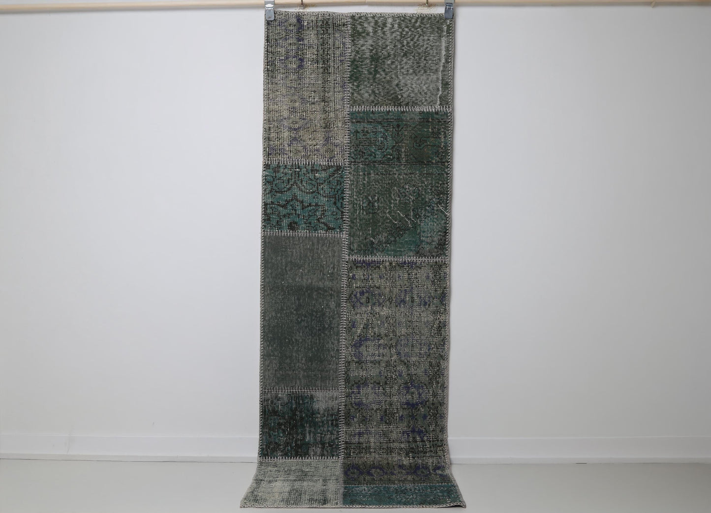 2x7 Vintage Patchwork Runner Rug, Green Wool Cotton Hallway Runner, Handmade Narrow Turkish Rug