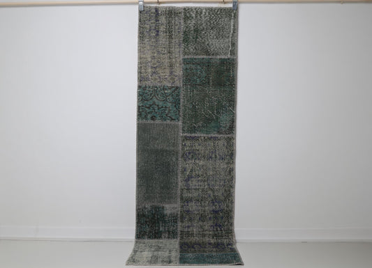 2x7 Vintage Patchwork Runner Rug, Green Wool Cotton Hallway Runner, Handmade Narrow Turkish Rug