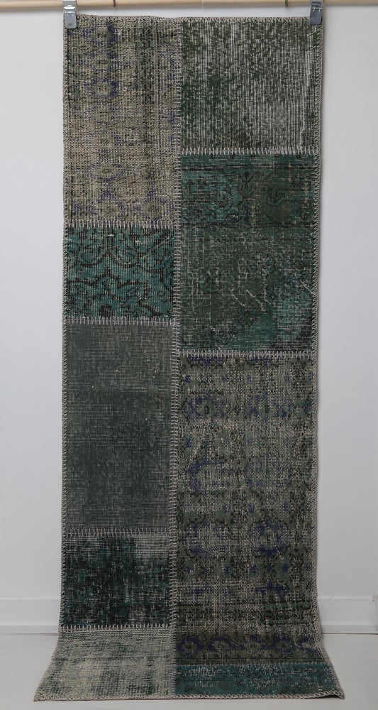 2x7 Vintage Patchwork Runner Rug, Green Wool Cotton Hallway Runner, Handmade Narrow Turkish Rug