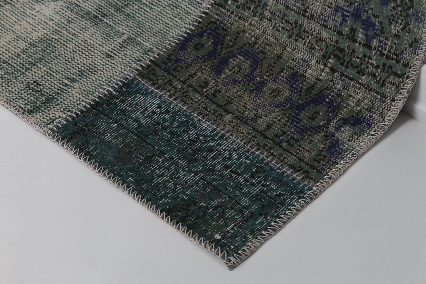 2x7 Vintage Patchwork Runner Rug, Green Wool Cotton Hallway Runner, Handmade Narrow Turkish Rug
