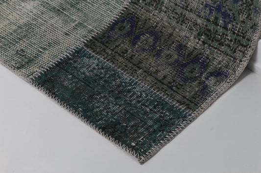 2x7 Vintage Patchwork Runner Rug, Green Wool Cotton Hallway Runner, Handmade Narrow Turkish Rug