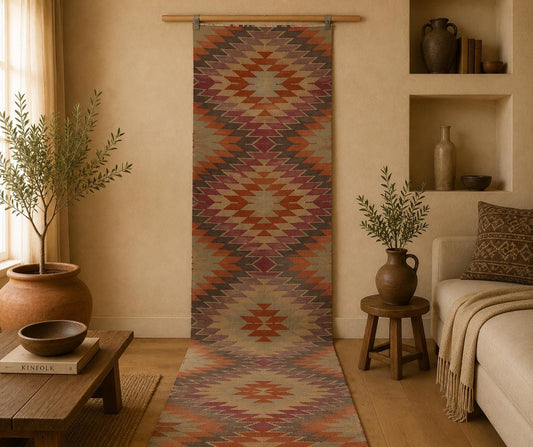 2x9 Vintage Turkish Kilim Runner Rug, Multicolor Geometric Hallway Rug, Handmade Flatweave Wool Runner
