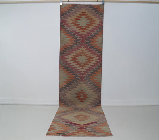 2x9 Vintage Turkish Kilim Runner Rug, Multicolor Geometric Hallway Rug, Handmade Flatweave Wool Runner