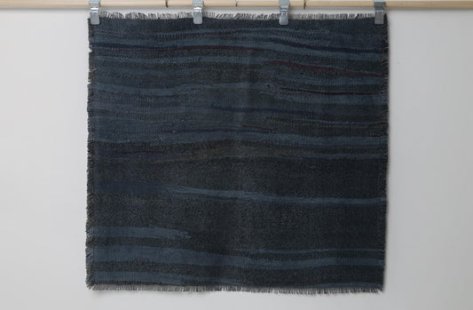 3x3 Vintage Kilim Caput Rug, Deep Blue Striped Turkish Wool Cotton Rug, Handmade Minimal Rustic Area Rug
