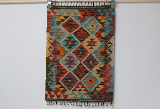 2x3 Vintage Turkish Kilim Rug, Multicolor Oriental Wool Accent Rug, Handmade Flatweave Small Rug