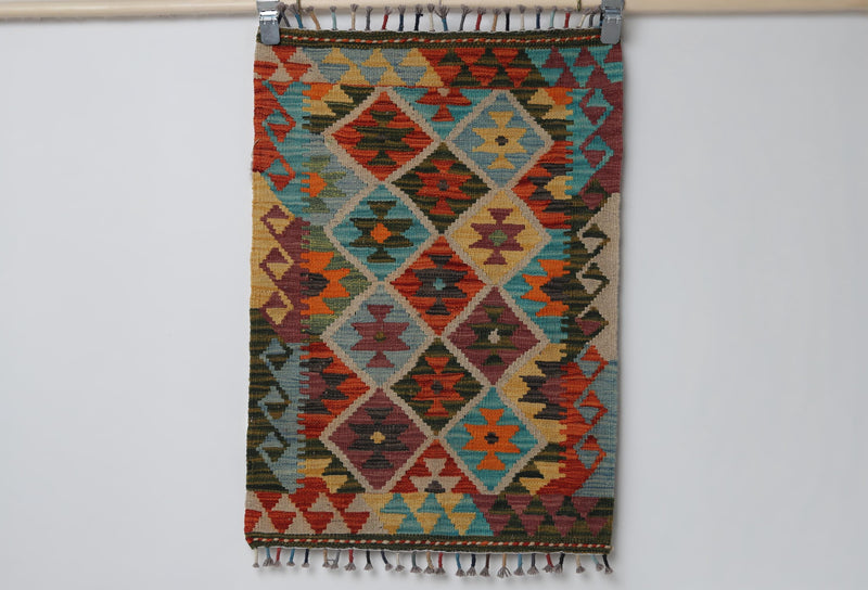 2x3 Vintage Turkish Kilim Rug, Multicolor Oriental Wool Accent Rug, Handmade Flatweave Small Rug