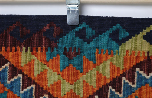 2x3 Vintage Turkish Kilim Rug, Blue Oriental Wool Accent Rug, Handmade Tribal Flatweave Rug