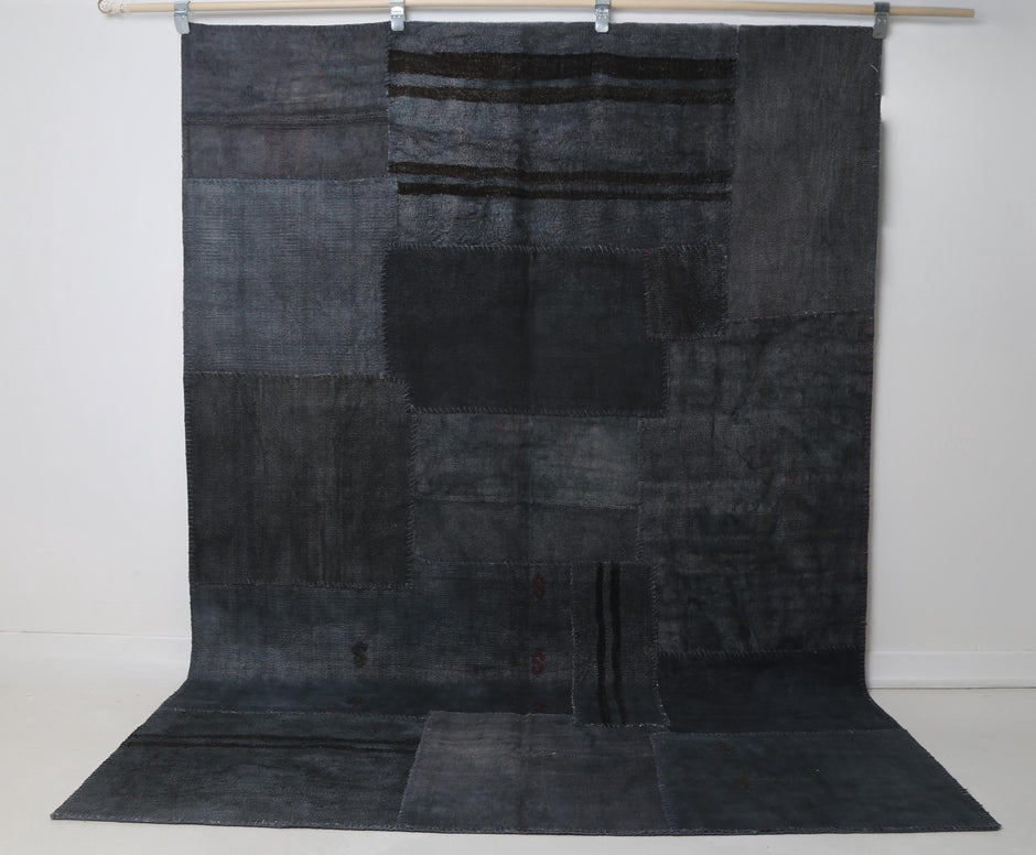6x8 vintage Turkish hemp patchwork rug, dark blue rustic home decor