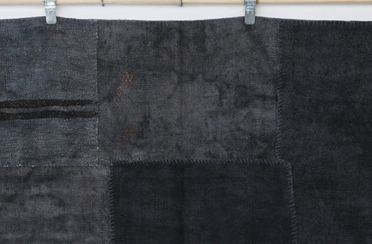 7x10 Vintage Hemp Patchwork Rug, Dark Blue Turkish Area Rug, Handmade Minimal Flatwoven Home Decor