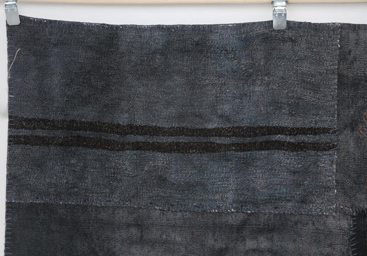 7x10 Vintage Hemp Patchwork Rug, Dark Blue Turkish Area Rug, Handmade Minimal Flatwoven Home Decor