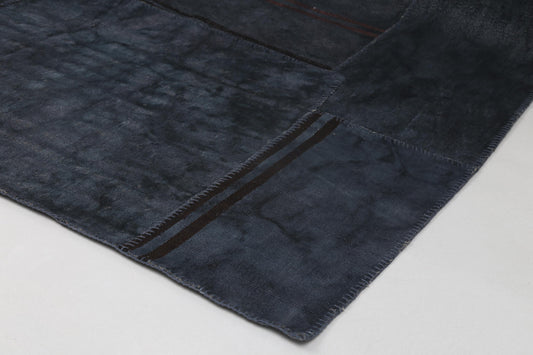 7x10 Vintage Hemp Patchwork Rug, Dark Blue Turkish Area Rug, Handmade Minimal Flatwoven Home Decor