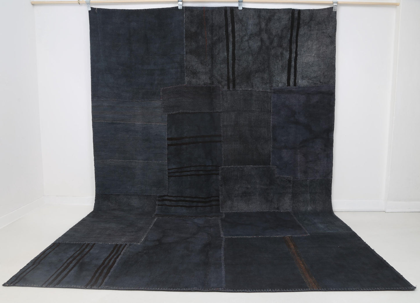 7x10 Vintage Hemp Patchwork Rug, Dark Blue Turkish Area Rug, Handmade Minimal Floor Carpet