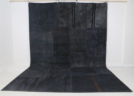 7x10 Vintage Hemp Patchwork Rug, Dark Blue Turkish Area Rug, Handmade Minimal Floor Carpet