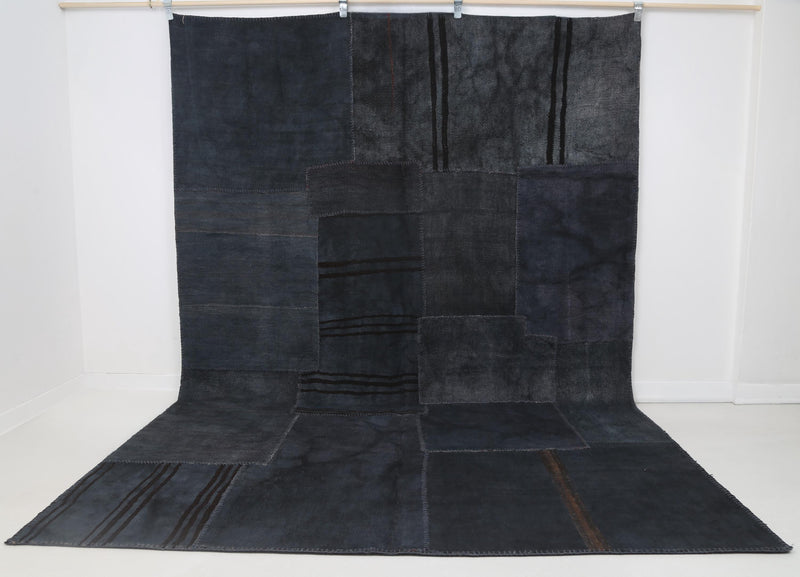 7x10 Vintage Hemp Patchwork Rug, Dark Blue Turkish Area Rug, Handmade Minimal Floor Carpet