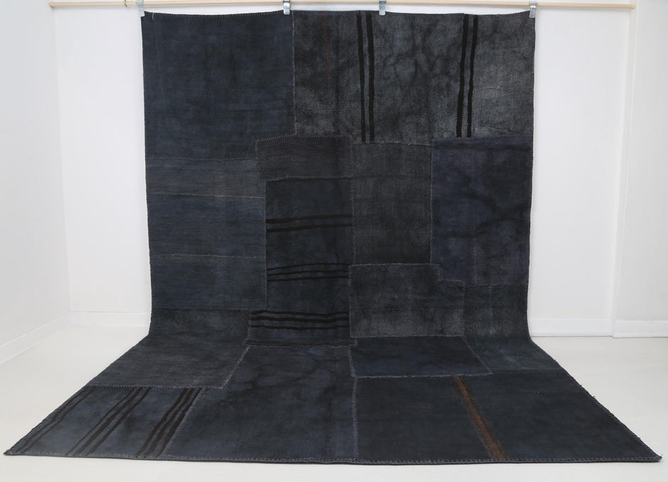7x10 vintage Turkish hemp patchwork rug, dark blue minimal floor carpet