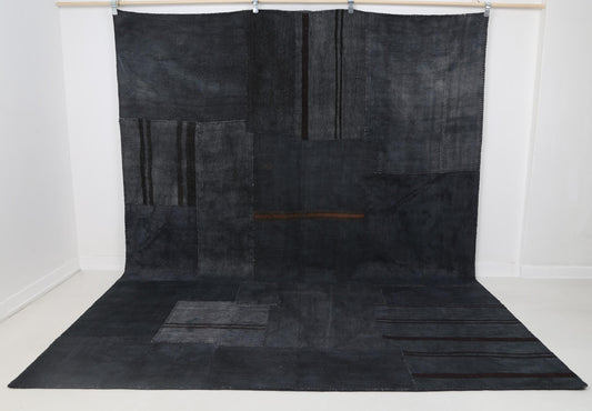 8x10 Vintage Hemp Patchwork Rug, Dark Blue Handmade Turkish Area Rug, Minimal Oversized Floor Carpet