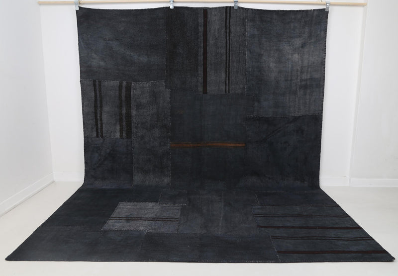 8x10 Vintage Hemp Patchwork Rug, Dark Blue Handmade Turkish Area Rug, Minimal Oversized Floor Carpet