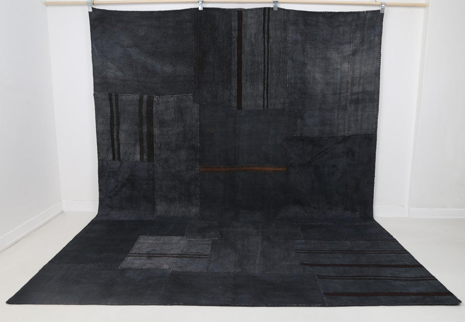 8x10 vintage Turkish hemp patchwork rug, dark blue oversized floor carpet