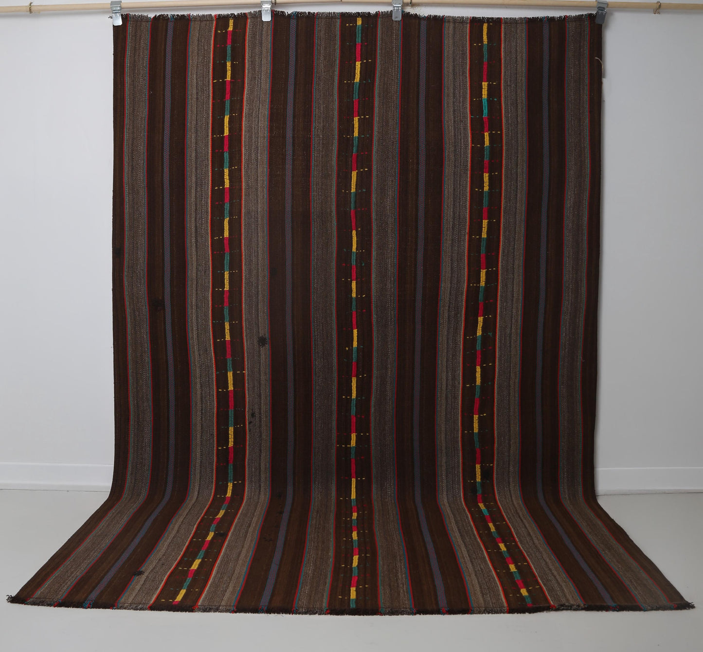 6x8 Vintage Striped Kilim Rug, Brown Handmade Wool Turkish Area Rug, Rustic Tribal Floor Carpet