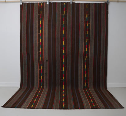 6x8 Vintage Striped Kilim Rug, Brown Handmade Wool Turkish Area Rug, Rustic Tribal Floor Carpet