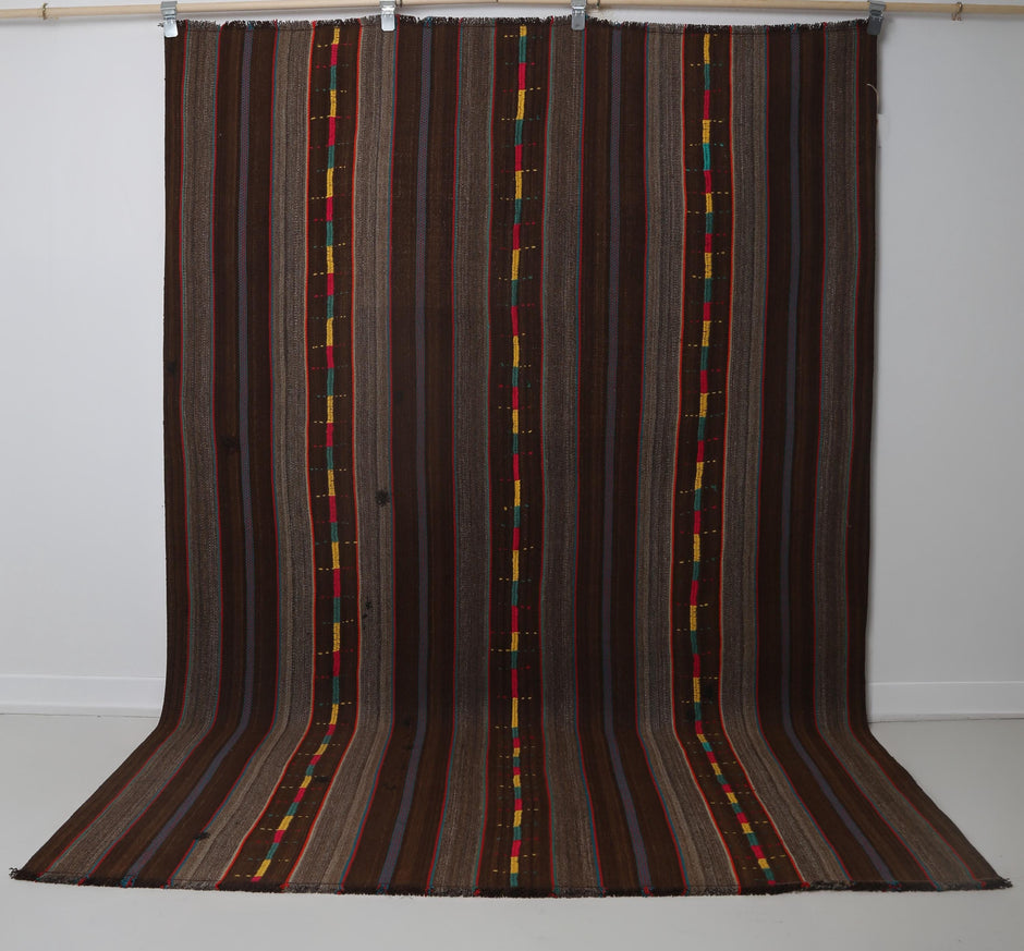 6x8 Vintage Striped Kilim Rug, Brown Handmade Wool Turkish Area Rug, Rustic Tribal Floor Carpet