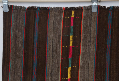 6x8 Vintage Striped Kilim Rug, Brown Handmade Wool Turkish Area Rug, Rustic Tribal Floor Carpet