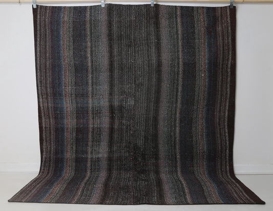 7x8 Vintage Flatweave Striped Rug, Multicolor Handmade Wool Cotton Kilim, Dark Neutral Turkish Area Rug