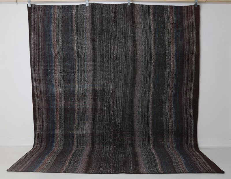 7x8 Vintage Flatweave Striped Rug, Multicolor Handmade Wool Cotton Kilim, Dark Neutral Turkish Area Rug