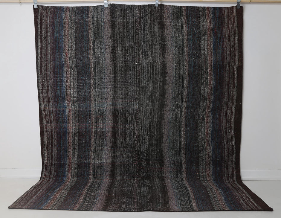 7x8 vintage Turkish flatweave kilim rug, dark multicolor striped area rug