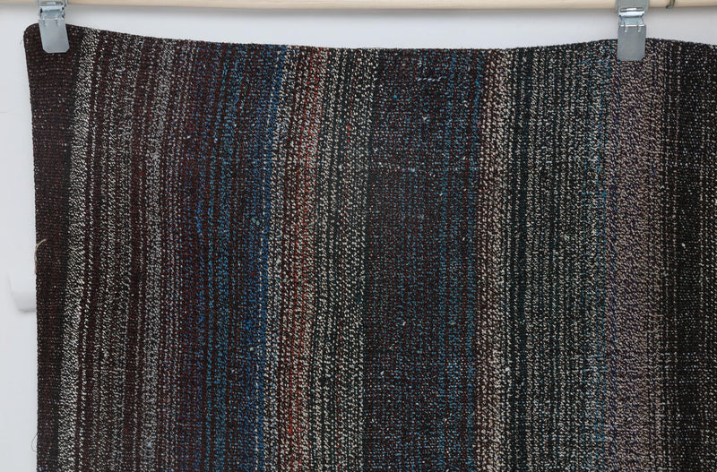 7x8 Vintage Flatweave Striped Rug, Multicolor Handmade Wool Cotton Kilim, Dark Neutral Turkish Area Rug