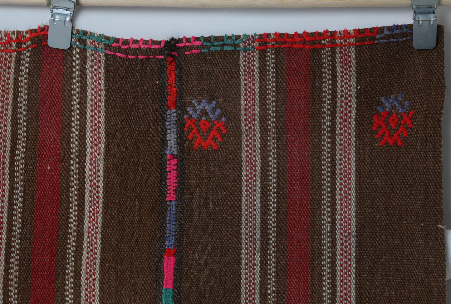 5x7 Vintage Turkish Kilim Rug, Brown Red Striped Wool Rug, Handmade Tribal Flatweave Area Rug