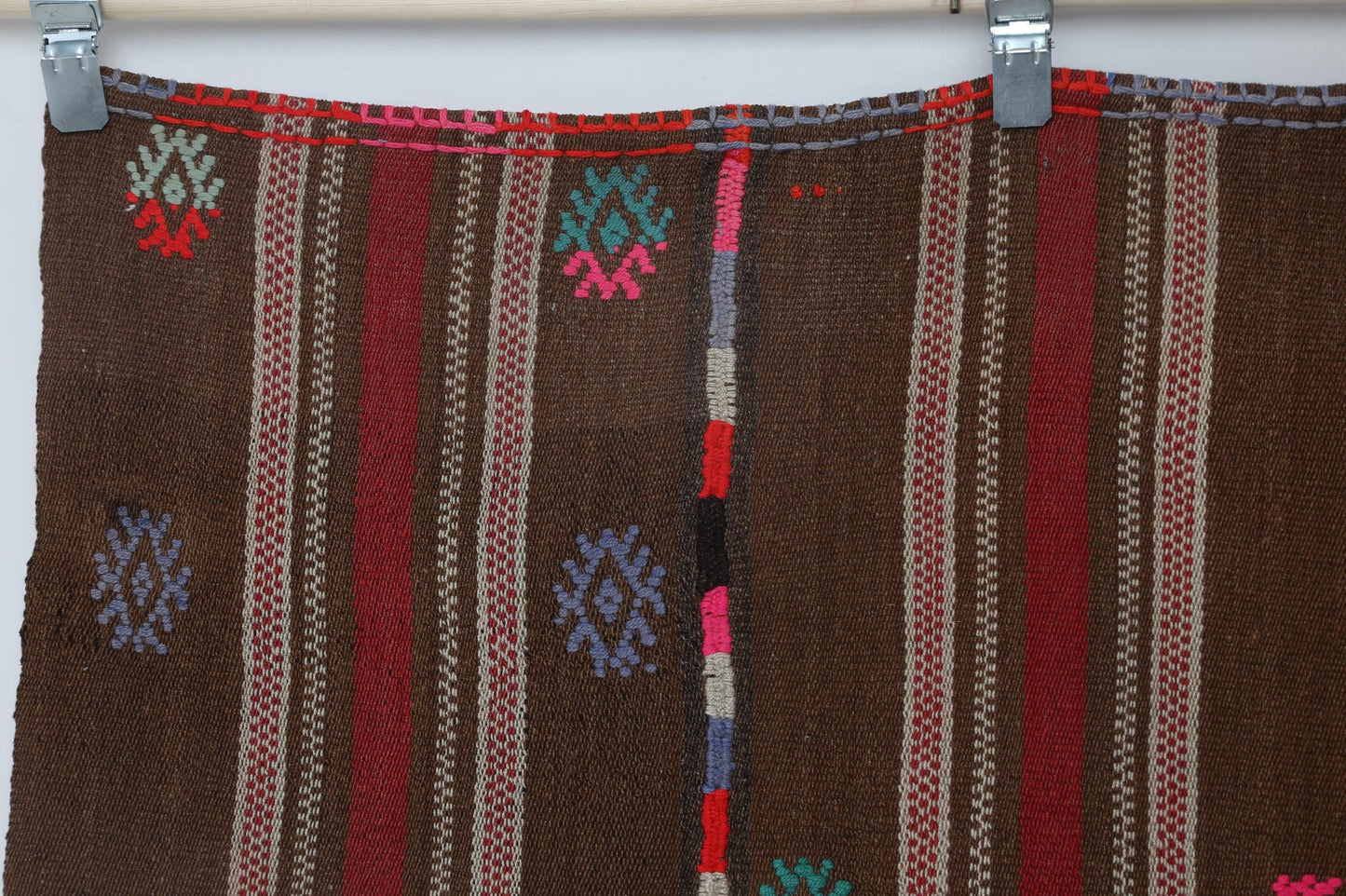 5x7 Vintage Turkish Kilim Rug, Brown Red Striped Wool Rug, Handmade Tribal Flatweave Area Rug
