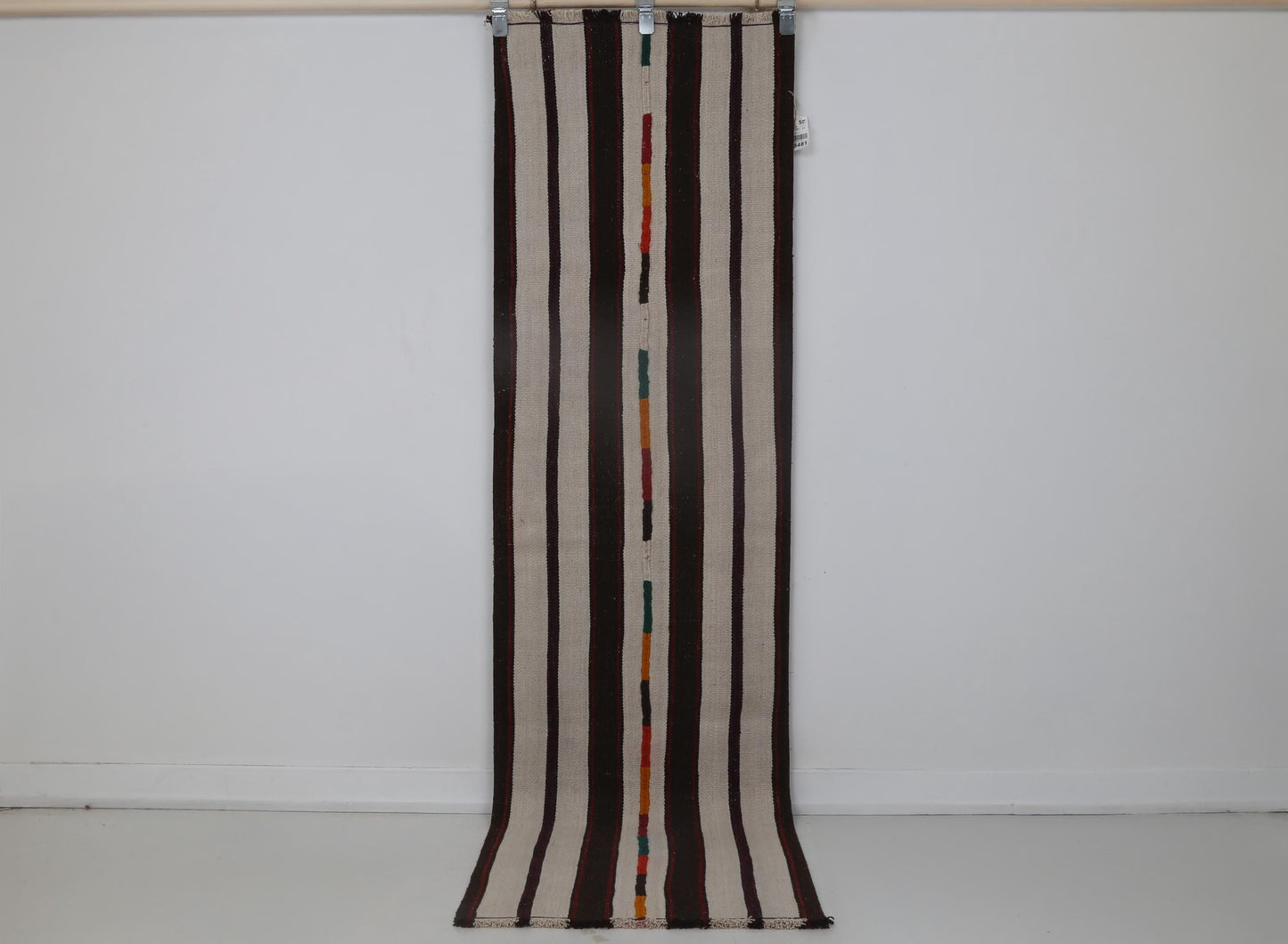 2x7 Vintage Turkish Kilim Runner Rug, Beige Black Striped Hallway Rug, Handmade Wool Narrow Runner