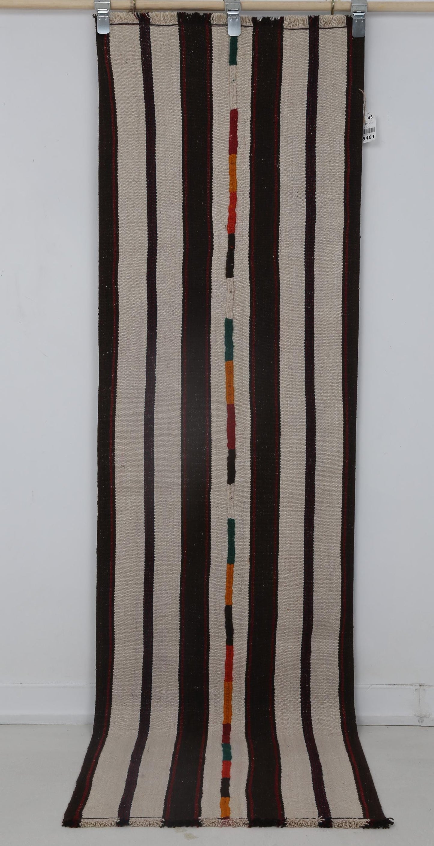 2x7 Vintage Turkish Kilim Runner Rug, Beige Black Striped Hallway Rug, Handmade Wool Narrow Runner