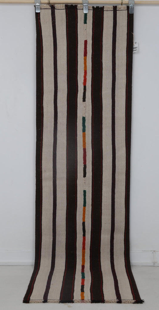 2x7 Vintage Turkish Kilim Runner Rug, Beige Black Striped Hallway Rug, Handmade Wool Narrow Runner