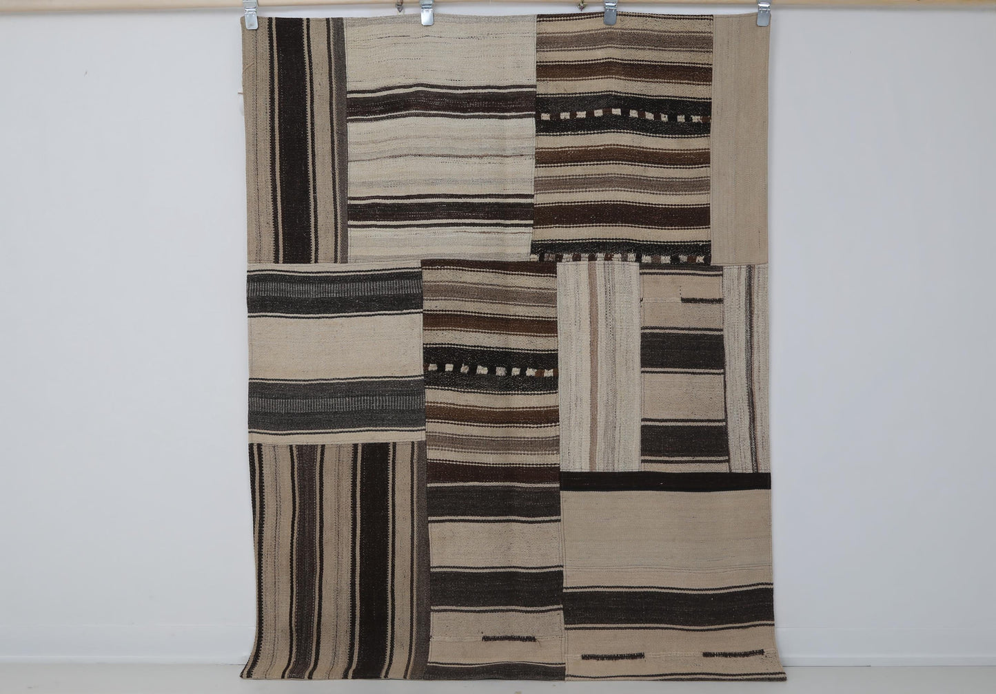5x6 Vintage Turkish Kilim Patchwork Rug, Brown Beige Striped Wool Cotton Flatweave, Handmade Boho Area Rug