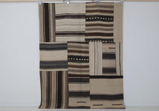5x6 Vintage Turkish Kilim Patchwork Rug, Brown Beige Striped Wool Cotton Flatweave, Handmade Boho Area Rug