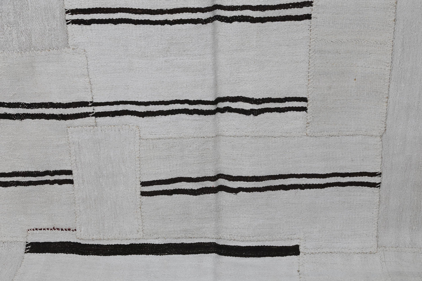 7x10 Vintage Turkish Hemp Patchwork Rug, White Black Striped Handmade Kilim, Minimal Flatweave Area Rug