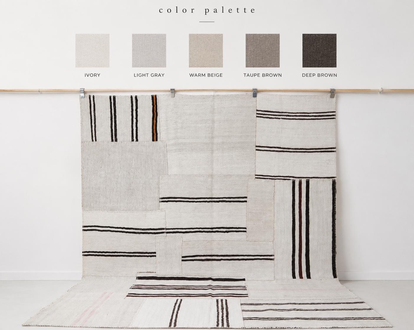 7x10 Vintage Turkish Hemp Patchwork Rug, White Black Striped Handmade Kilim, Minimal Flatweave Area Rug
