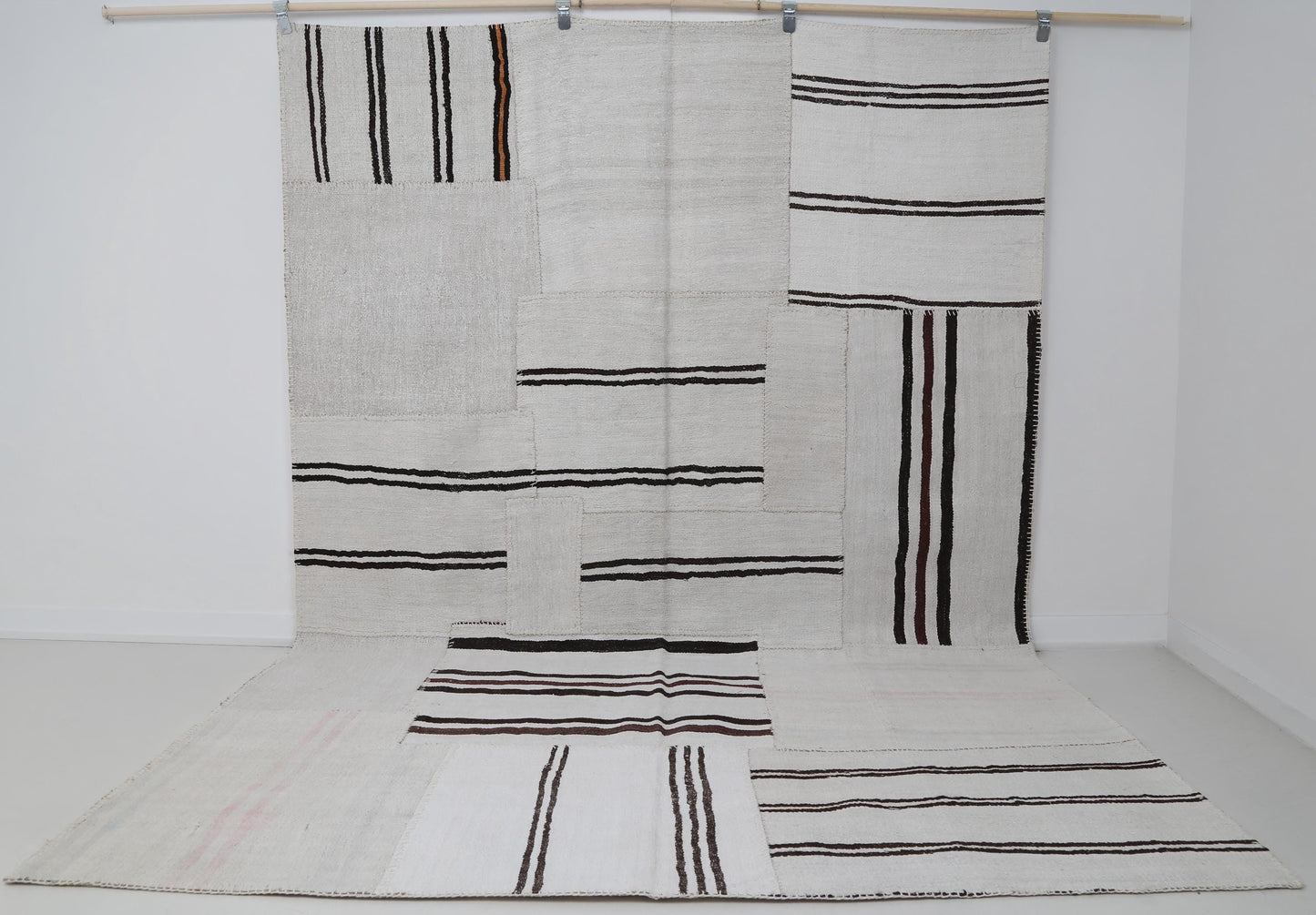 7x10 Vintage Turkish Hemp Patchwork Rug, White Black Striped Handmade Kilim, Minimal Flatweave Area Rug