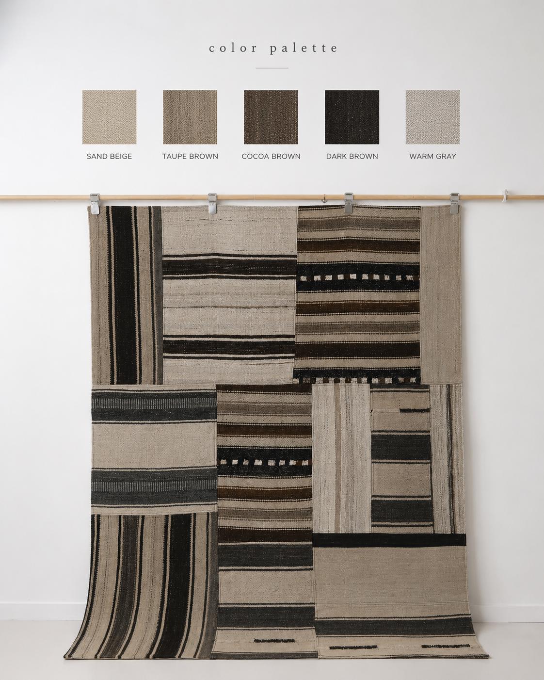 5x6 Vintage Turkish Kilim Patchwork Rug, Brown Beige Striped Wool Cotton Flatweave, Handmade Boho Area Rug
