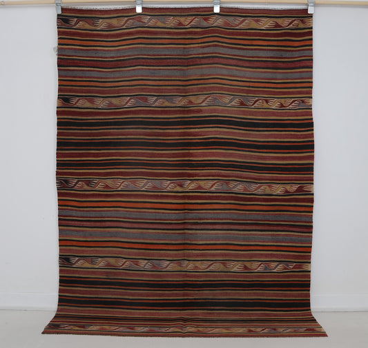 5x7 Vintage Turkish Kilim Rug, Red Striped Flatweave Area Rug, Handmade Wool Cotton Tribal Decor