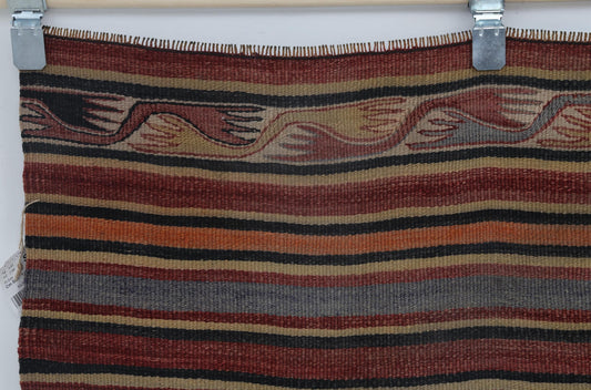 5x7 Vintage Turkish Kilim Rug, Red Striped Flatweave Area Rug, Handmade Wool Cotton Tribal Decor