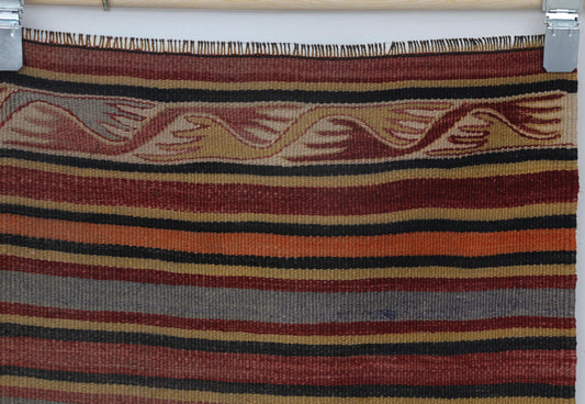 5x7 Vintage Turkish Kilim Rug, Red Striped Flatweave Area Rug, Handmade Wool Cotton Tribal Decor